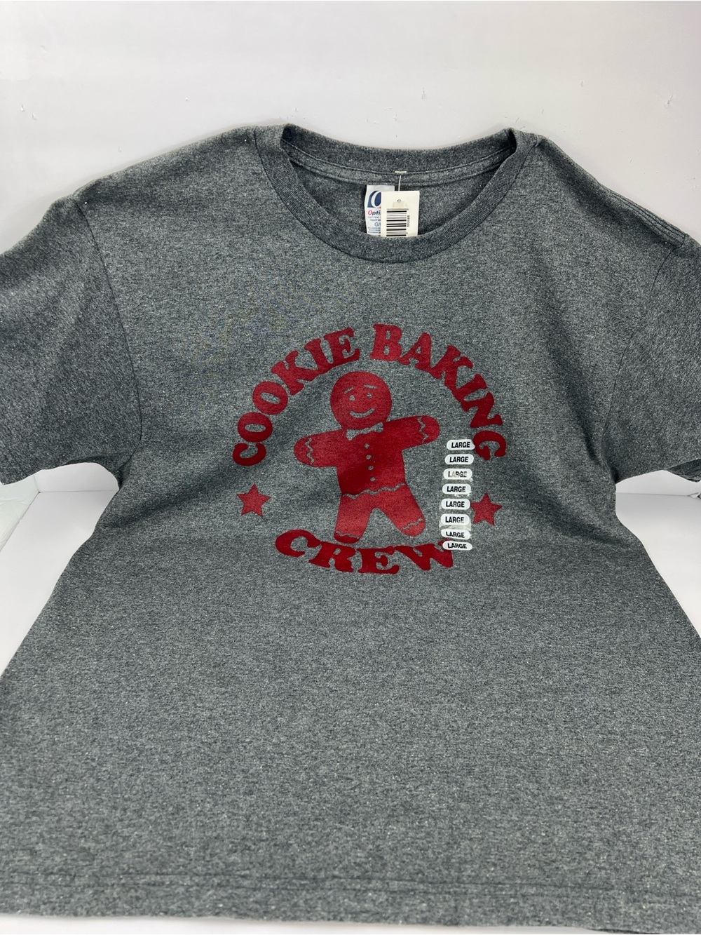 OPTIMA COOKIE BAKING CREW TEE SHIRT, SIZE LARGE, 50% COTTON, 50% POLYESTER, GREY